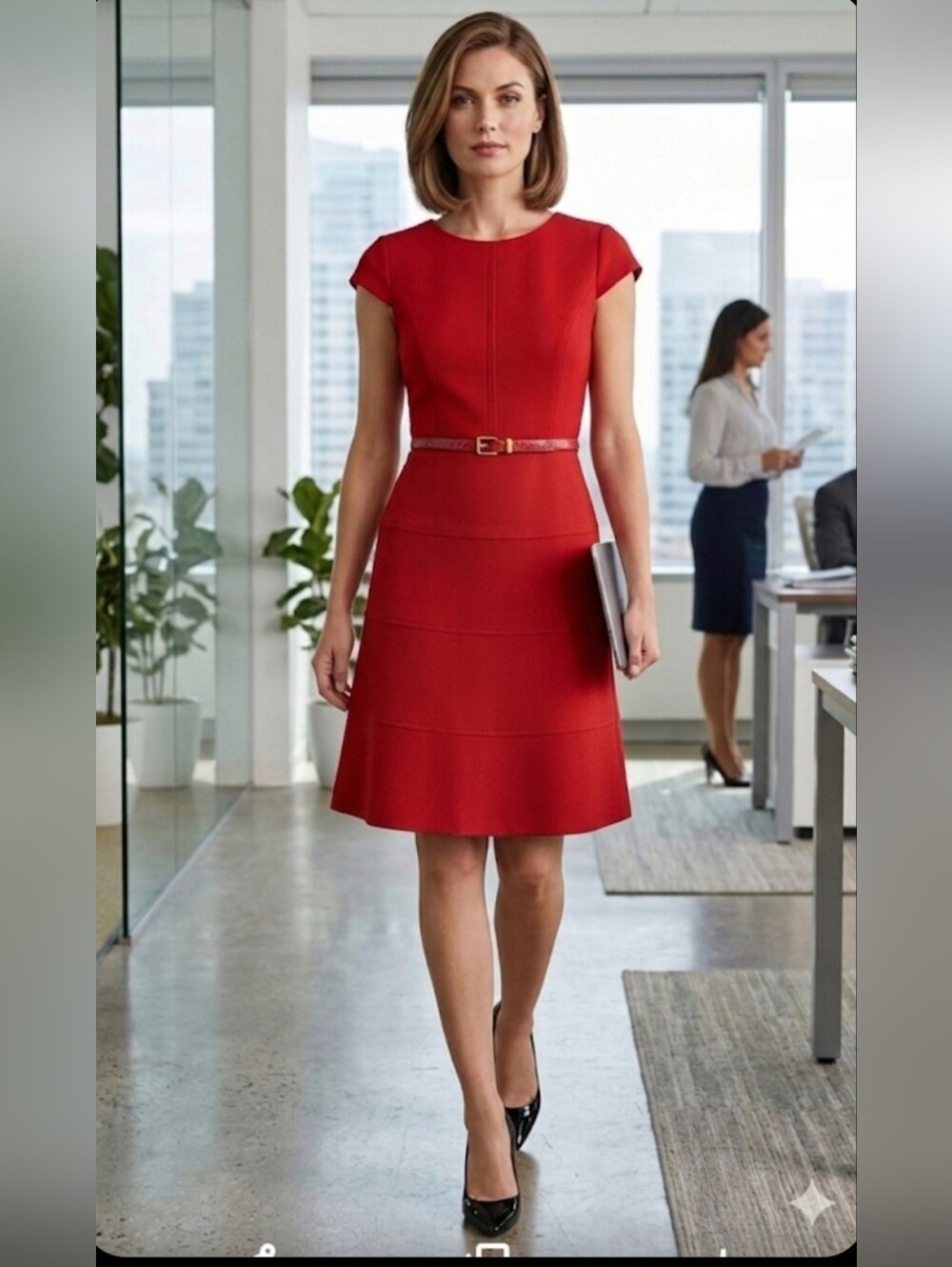 Anne Klein Classic Office Party Minimalistic Fit & Flare Midi Dress / Sz 8 / Red